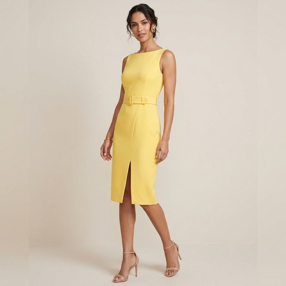 Anthropologie Sheath Dress Womens 4 Yellow Excellent Belted Midi Front Slit